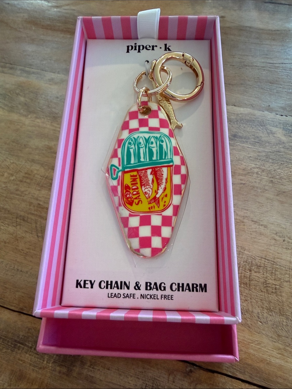 Piper K checkered print sardine keychain/bag charm